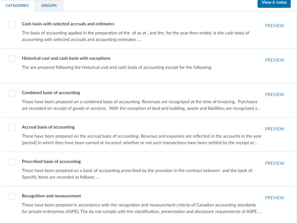 Basis of accounting note categories.