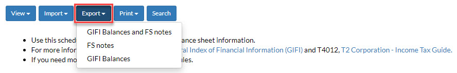 Export GIFI data drop-down.