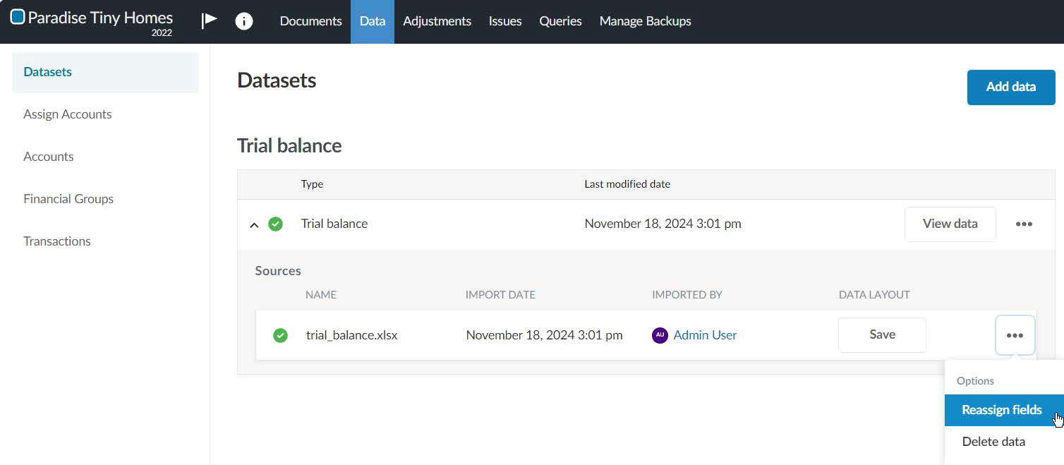 Selecting the Reassign fields option with a view to reimport the trial balance.