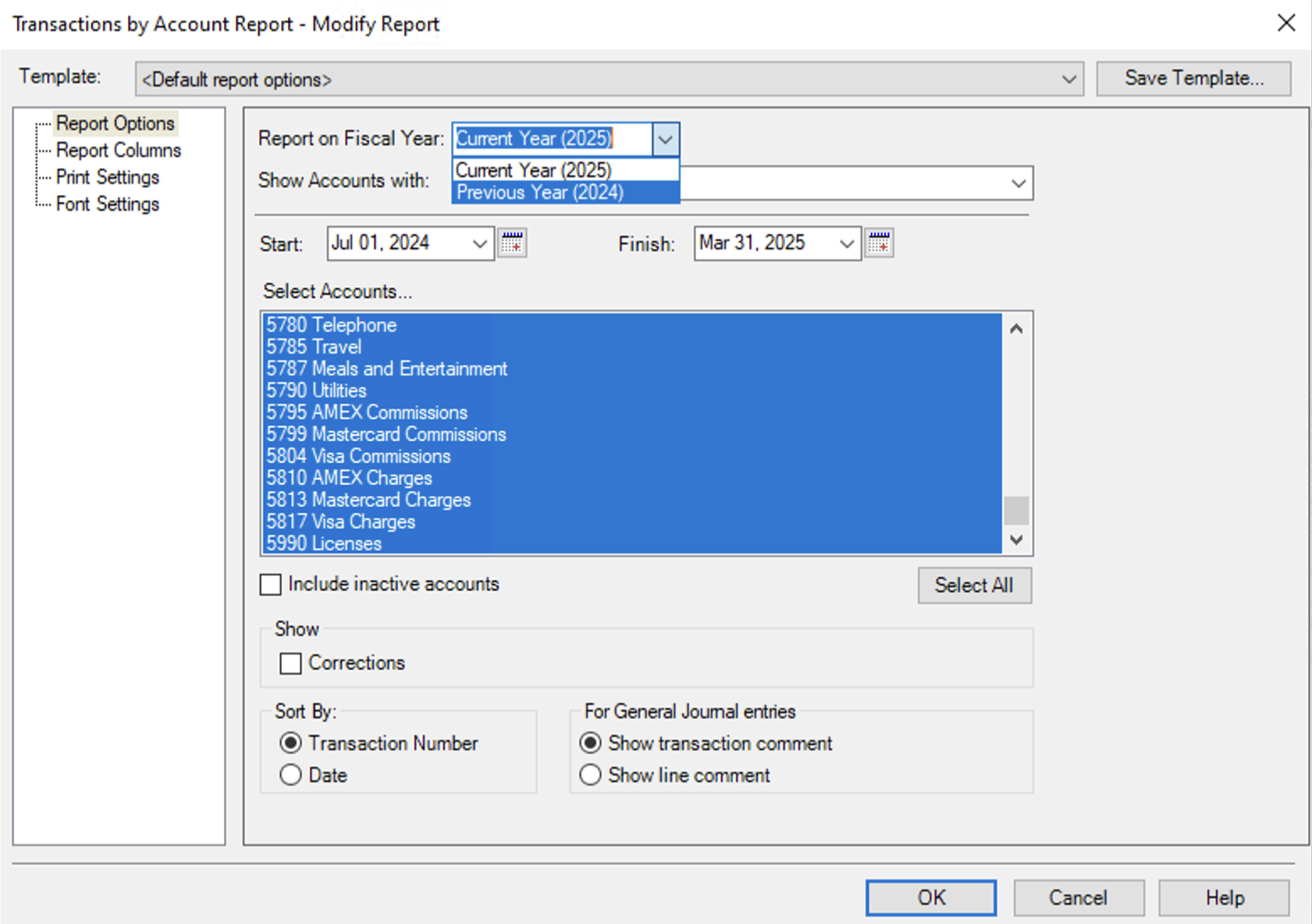 Modifying the fiscal year on the Transactions by Account report.