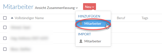 Individuelle Benutzer auf der Seite Mitarbeiter oder Kontakte hinzufügen.