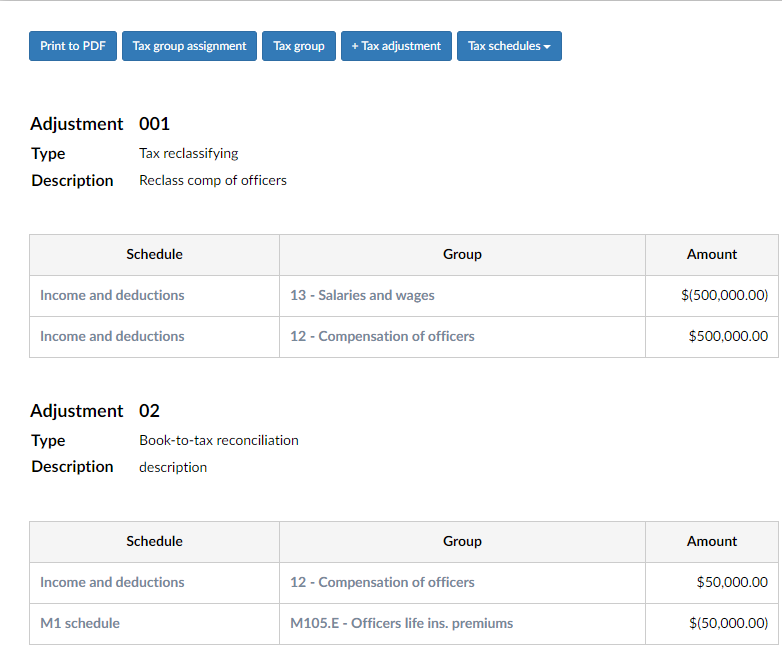 Tax adjustment summary