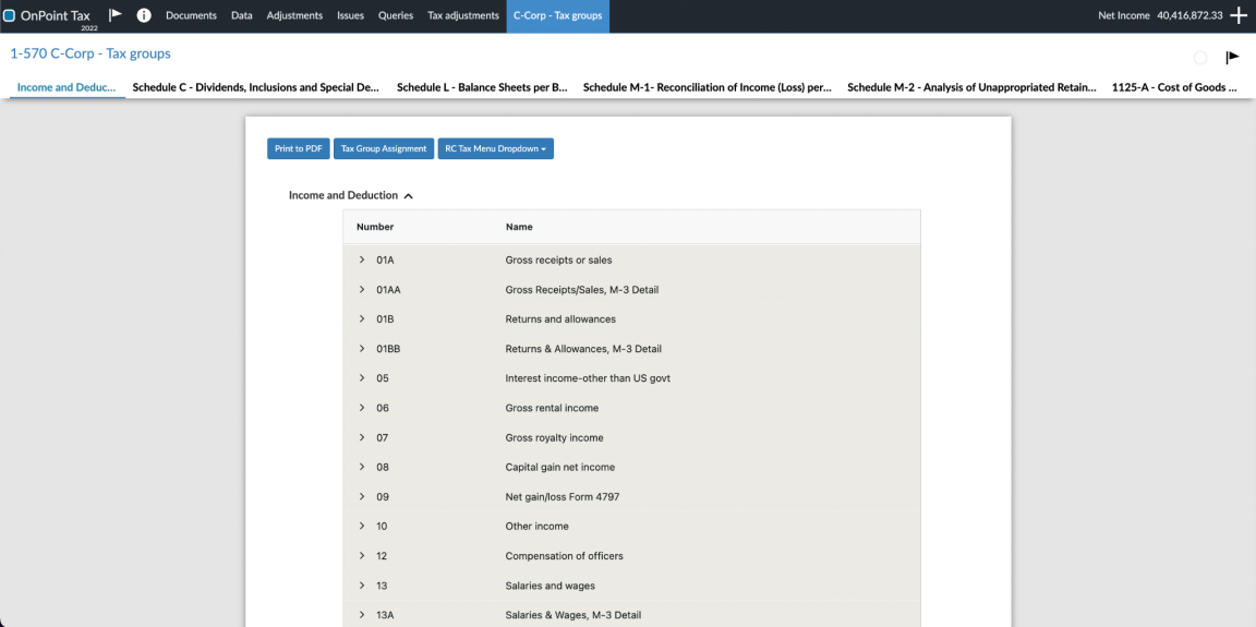 Tax schedule tab in the 1-570 C-Corp - Tax Groups form