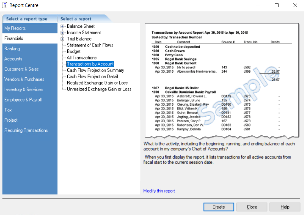 Transactions by Account report preview