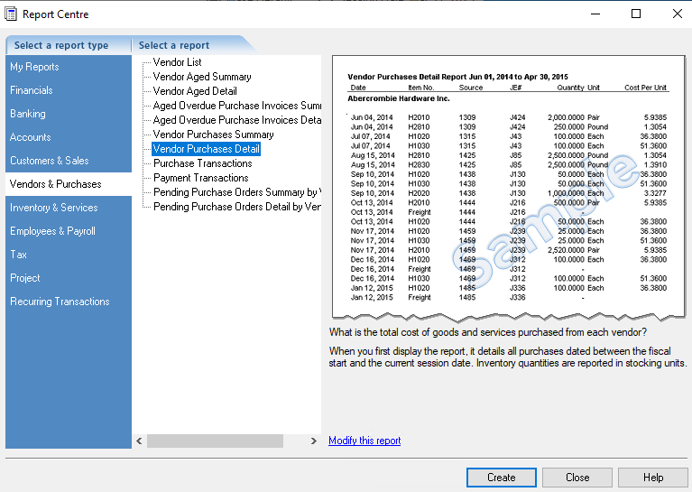 Selecting the Vendor Purchases Detail report. 