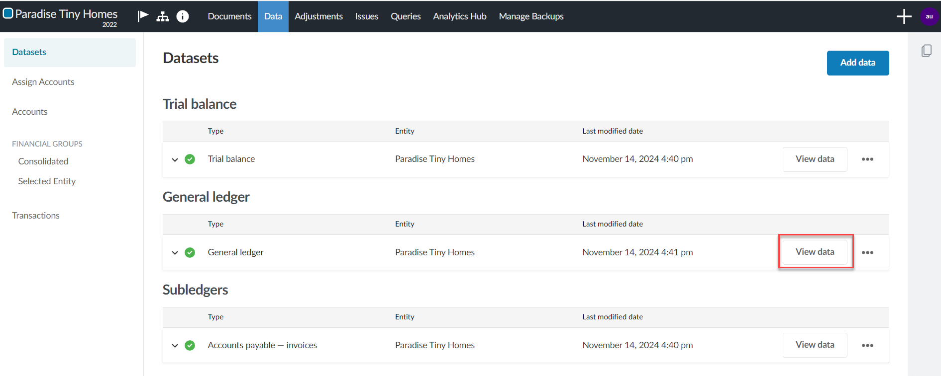 Clicking the View data button to view the dataset just imported. 