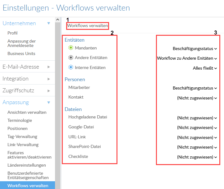 Die Benutzeroberfläche Workflow verwalten.