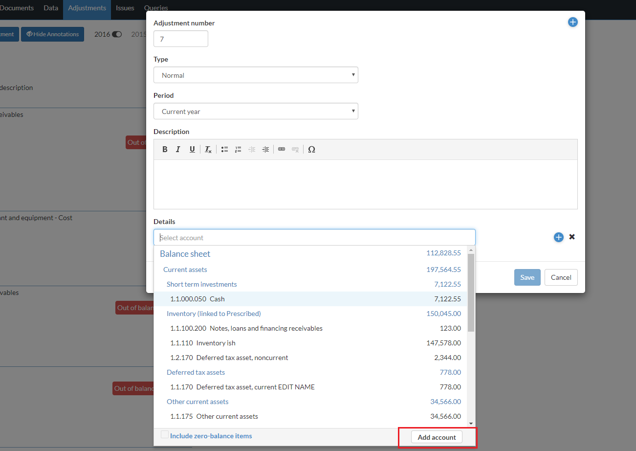 Create an account while adding an adjusting entry line.