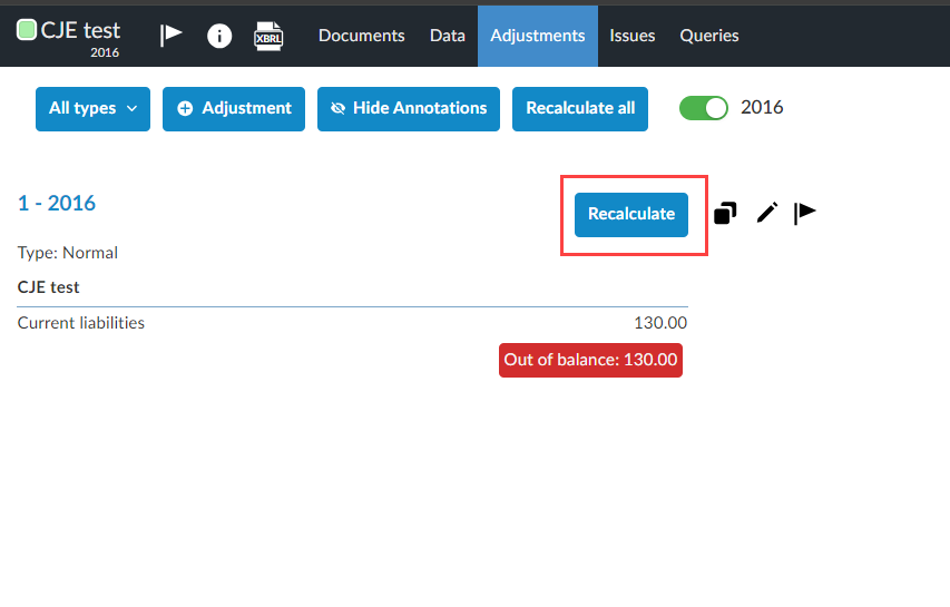 The Adjustments page displaying an adjustment that requires recalculation.