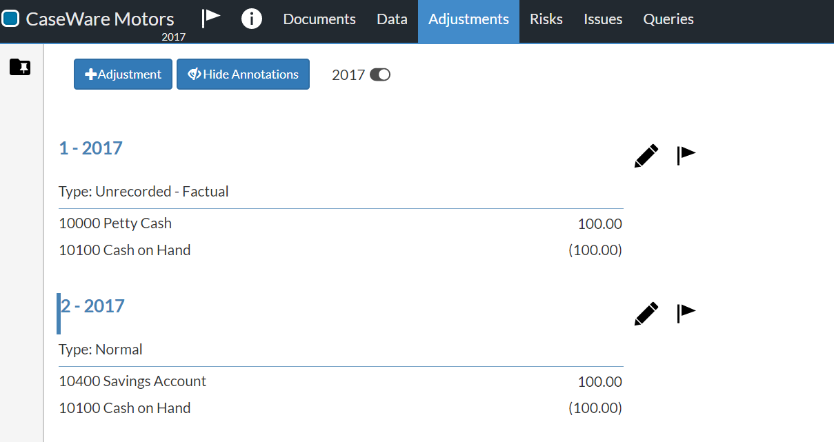  Notice the blue vertical bar on the left that marks the entry corresponding to the selected adjustment.