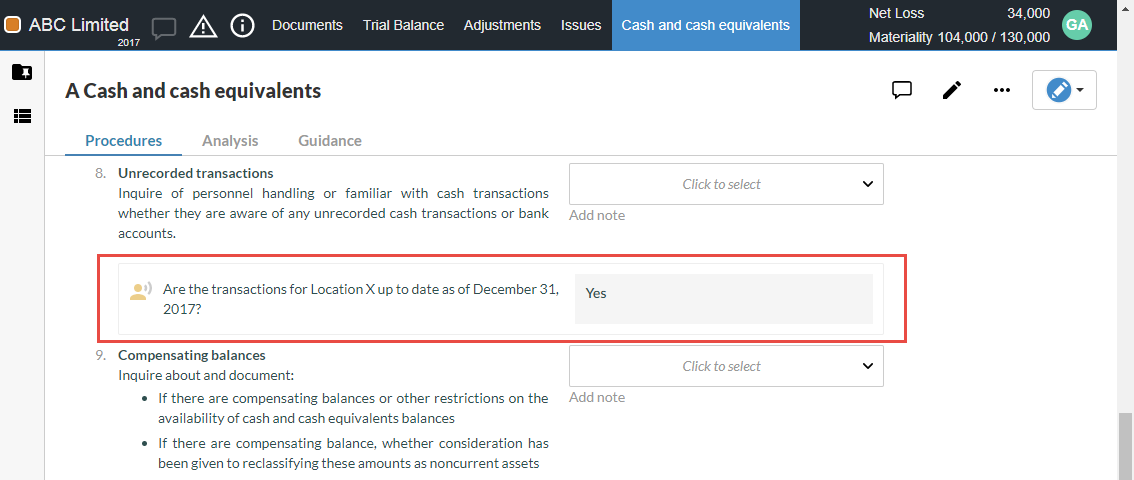 The linked question and the contact's response are displayed beneath the corresponding checklist procedure.