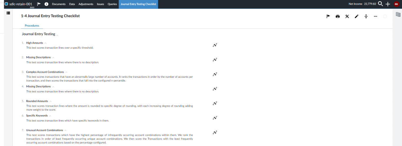 A checklist with analytics tests attached to the checklist procedures.