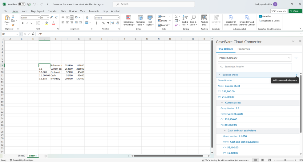 Eine Microsoft Excel-Tabelle mit einer Gruppe und ihrer Untergruppe, die der Datei aus dem Cloud Connector Fenster hinzugefügt wurde. ausgewählt und alle ihre Untergruppen werden in die Datei eingefügt.