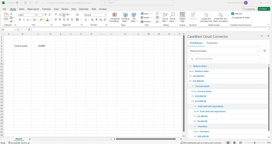 Eine Microsoft Excel-Datei mit geöffnetem Caseware Cloud Connector Fenster.