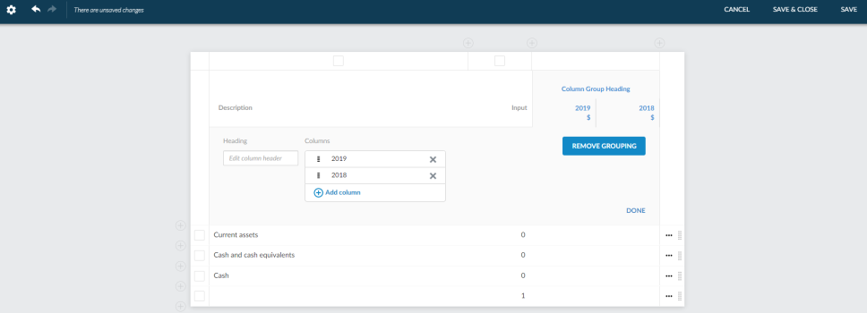 A dynamic table in edit mode with grouped columns.