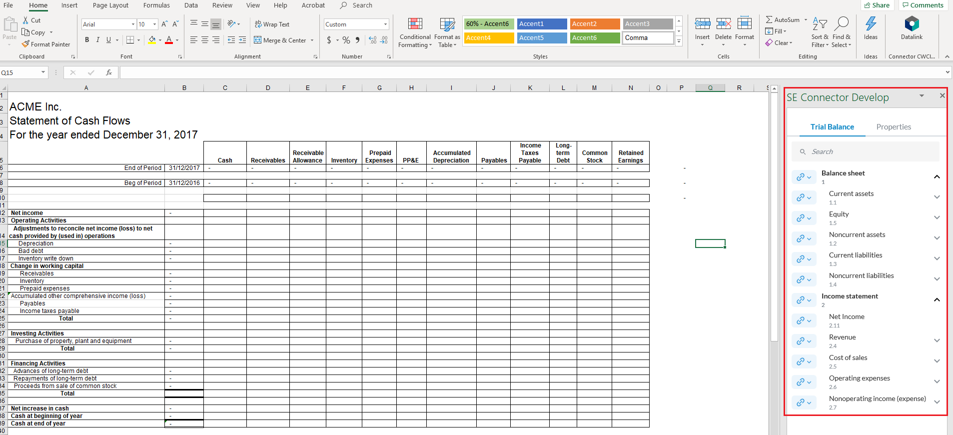 The Cloud Connector pane in the excel file.