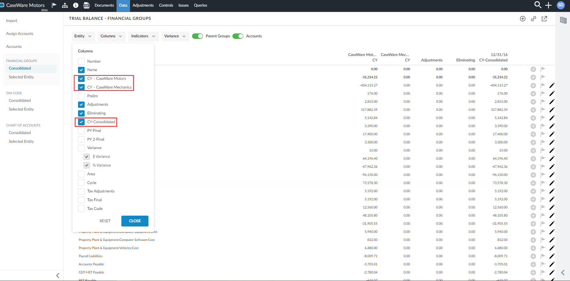 The Columns filter for the Consolidated view of the financial groups.