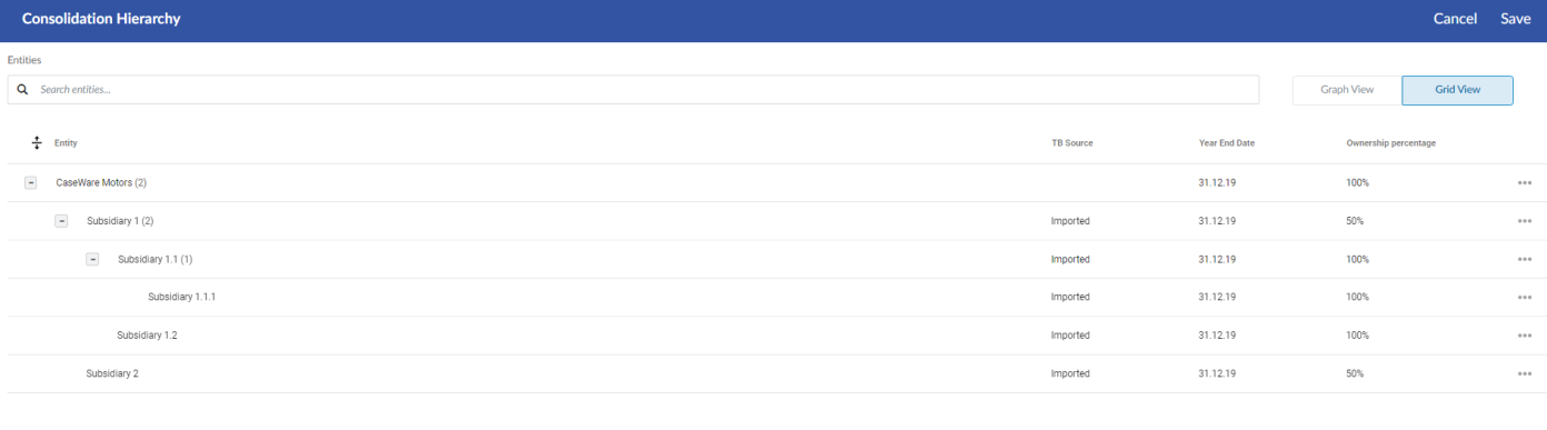 The grid view of the Consolidation Hierarchy page.