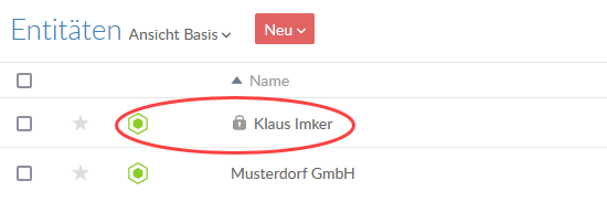 Das Schloss-Symbol neben dem Namen dieser Kundenentität zeigt an, dass der Zugriff auf diese Entität eingeschränkt ist.