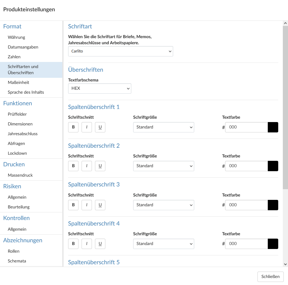 Schriftarten und Überschriften im Dialog Produkteinstellungen.