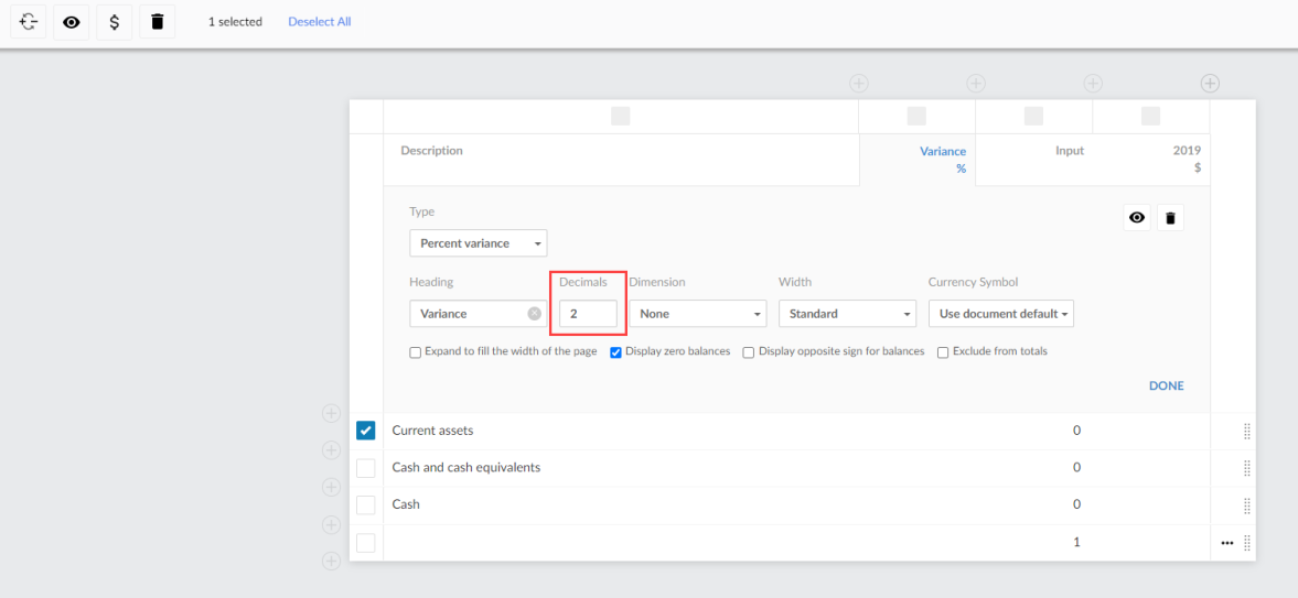 The Decimals option for percent variance columns