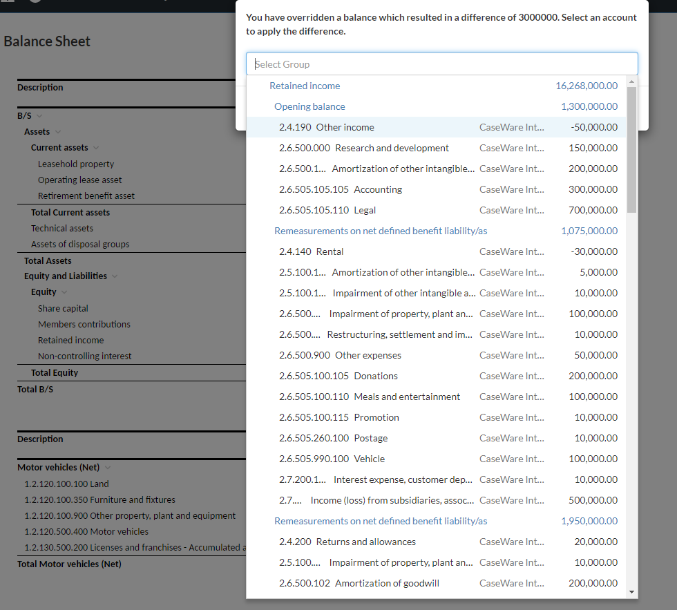 Dialog to select an account in the group where you want the difference to apply