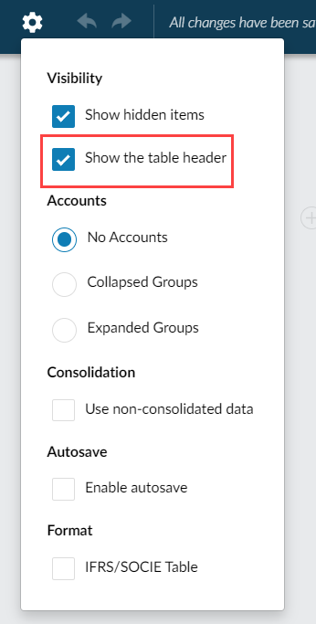 The Show the table header in the dynamic table settings.