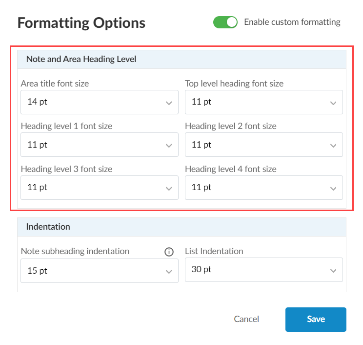 The Note and Area Heading Level section in the Formatting Options dialog.