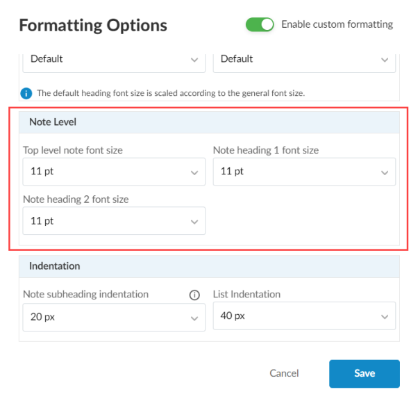 The Note Level section in the Formatting Options dialog.