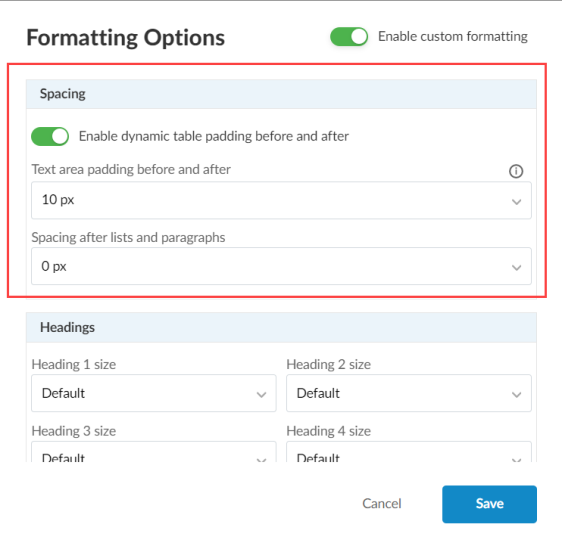 The Spacing section in the Formatting Options dialog.