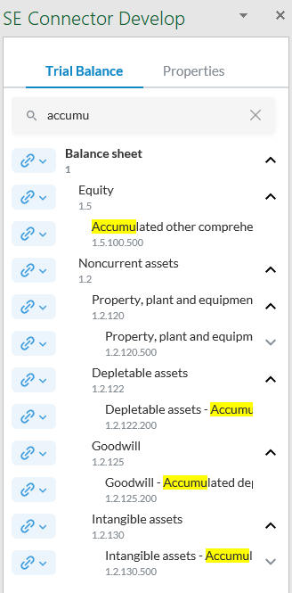 Using the search field to find trial balance groups.