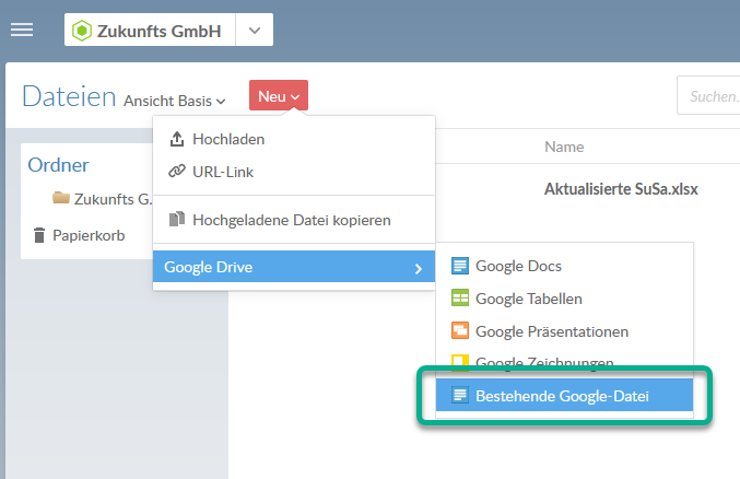 Über diese Option erstellen Sie einen Link zu einer Google-Datei, die Sie bereits in Ihrem Drive erstellt haben.