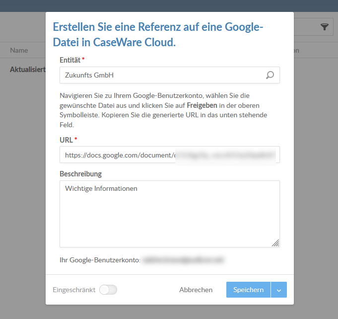 Fügen Sie den gesamten Link aus dem Google-Dialog zur Dateifreigabe in das Feld URL ein.