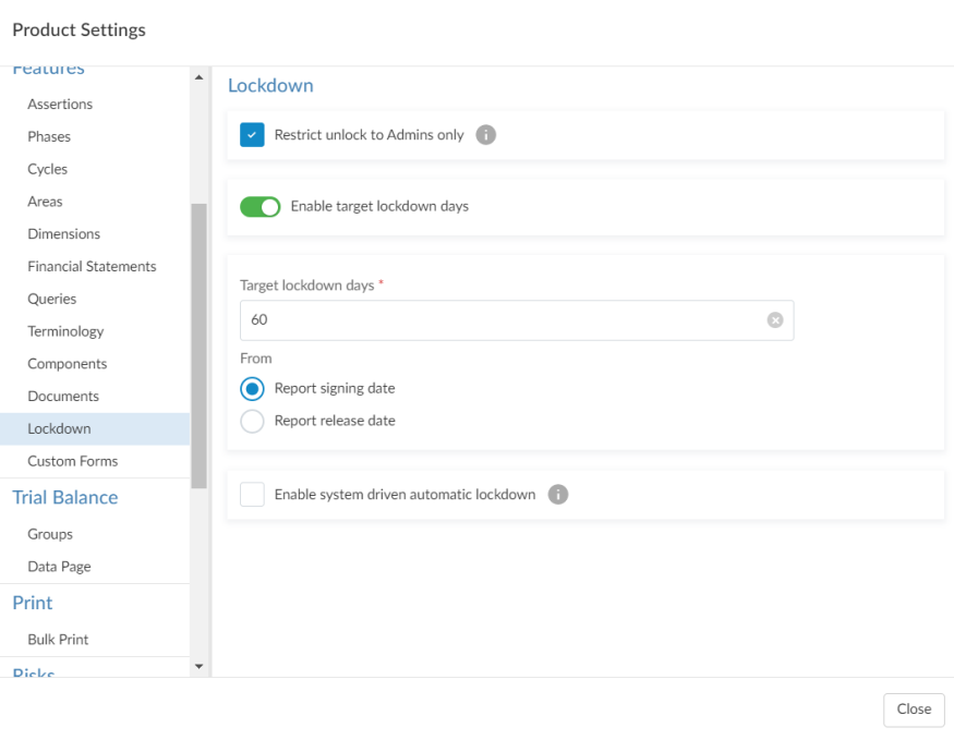 The Lockdown settings in the product settings.