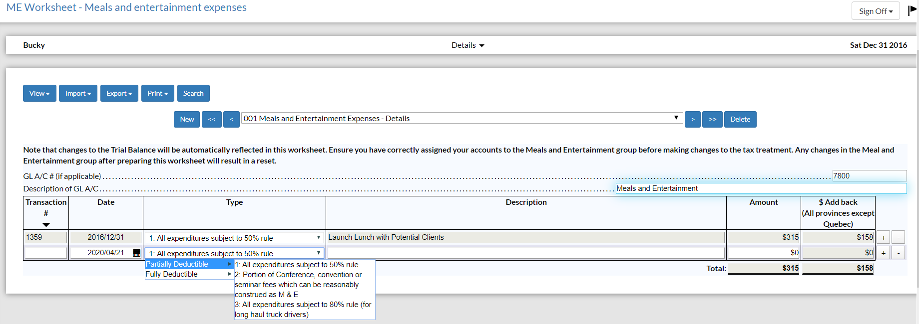 Detailed transaction lines are available in the Meals and entertainment expenses worksheet.