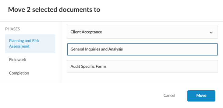 The Move selected documents dialog.