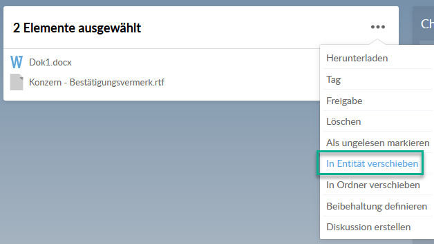 Über die Auswahl von In Entität verschieben können Dateien in eine andere Entität verschoben werden.