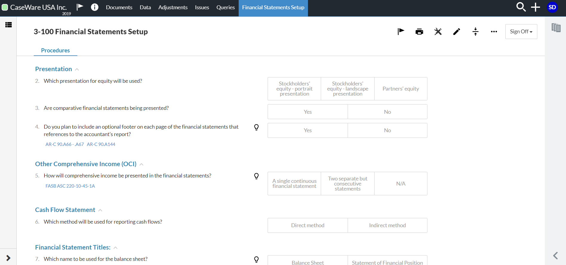 The 3-100 Financial Statements Setup checklist.