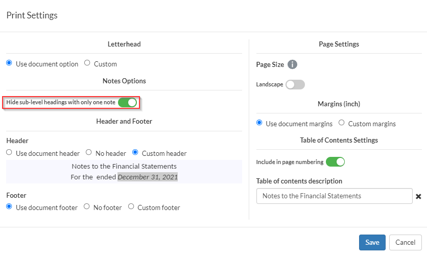 Print settings.