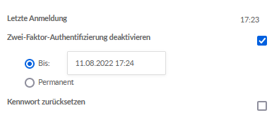 Die Optionen werden angezeigt, wenn Sie die Zwei-Faktor-Authentifizierung für einen spezifischen Benutzer deaktivieren.