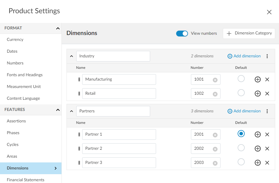 The Dimensions tab of the Product Settings dialog.