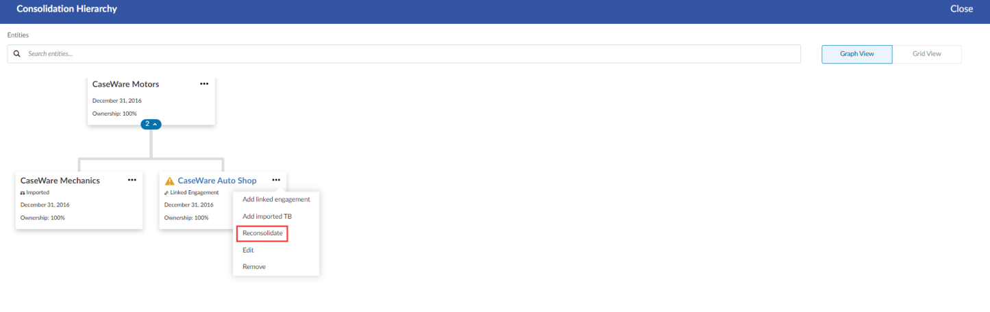 The Reconsolidate option for a subsidiary in graph view.