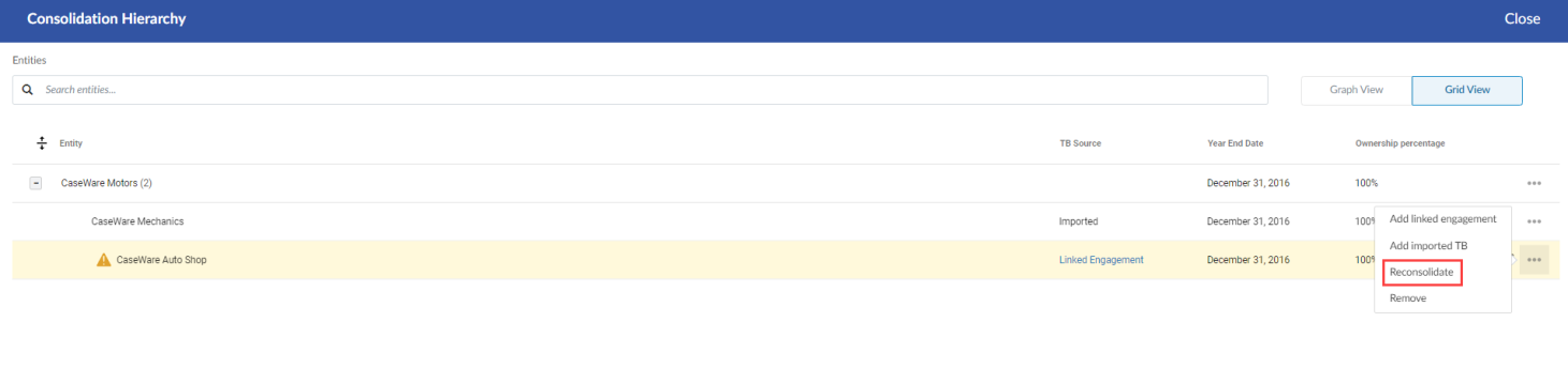 The Reconsolidate option for a subsidiary in grid view.