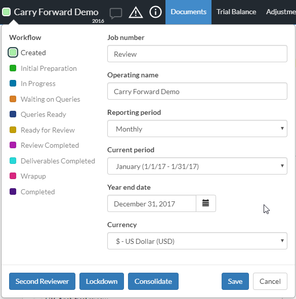 An interim engagement file with a monthly reporting period.