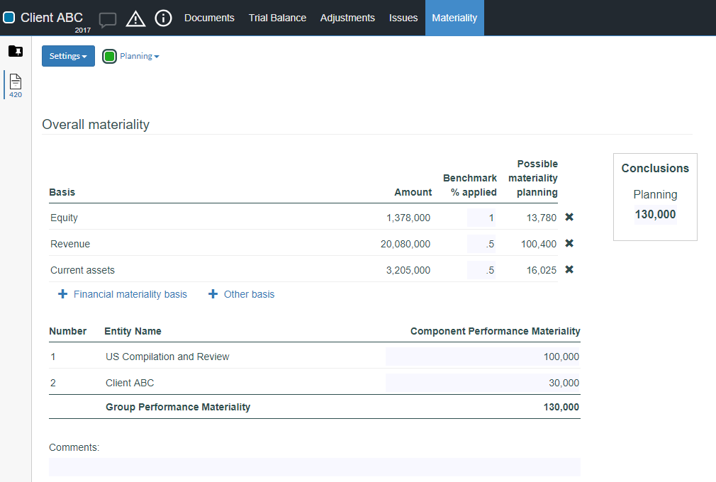  break down materiality between the parent and the subsidiaries in a consolidated file