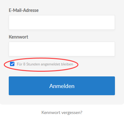 Ein Benutzer, der diese Checkbox vor der Anmeldung aktiviert, kann Cloud erneut öffnen, ohne die eigenen Benutzeranmeldeinformationen für bis zu 8 Stunden nach dem Schließen der Browsersitzung erneut eingeben zu müssen.