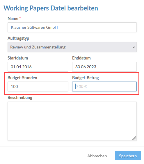 Geben Sie die budgetierte Anzahl der Stunden für diesen Auftrag und die budgetierten Kosten ein.