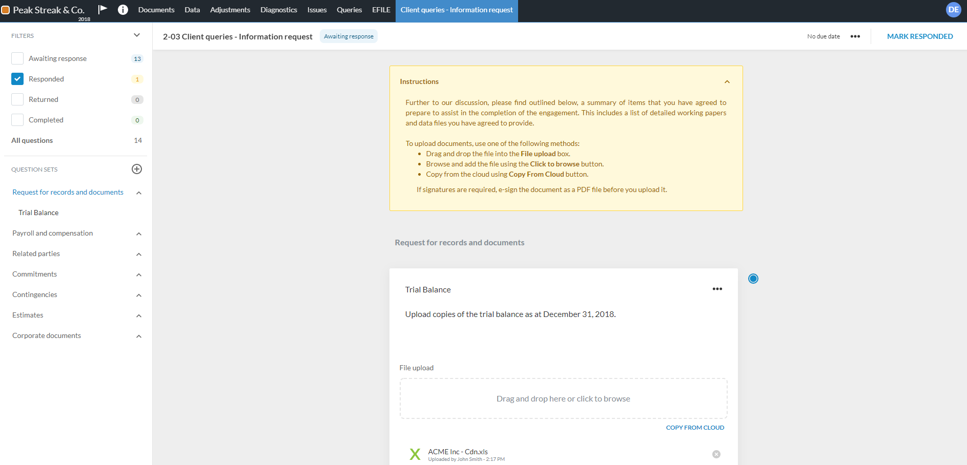 Question filters in a query document (staff view).