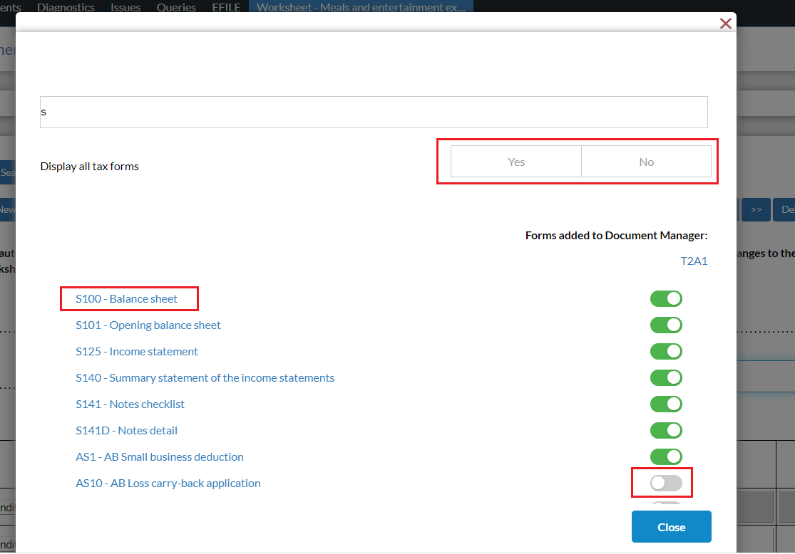 Tax Form Search dialog.