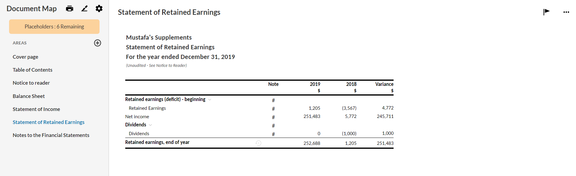 Variance column in dollar change included in the Statement of Retained Earnings.